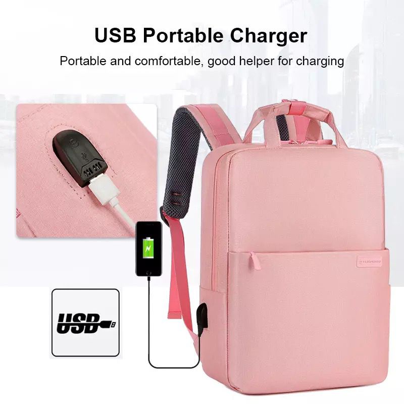 Tas Laptop Backpack Ransel Nylon Waterproof 14 15 16 inch with USB Port hitam abu pink
