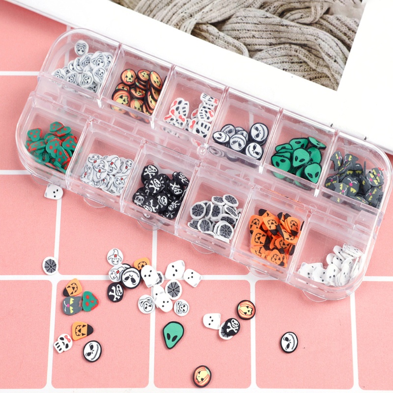 12 Grid Stiker Kuku 3D Bahan Resin Desain Labu Tengkorak Untuk Dekorasi Nail Art