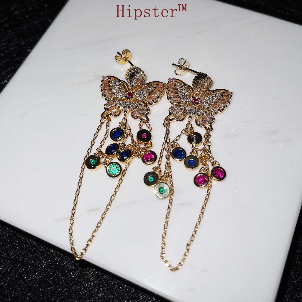 Light Luxury Butterfly Long Tassel Micro Inlaid Zircon French Style Mori Earrings High-End Fashion Sense