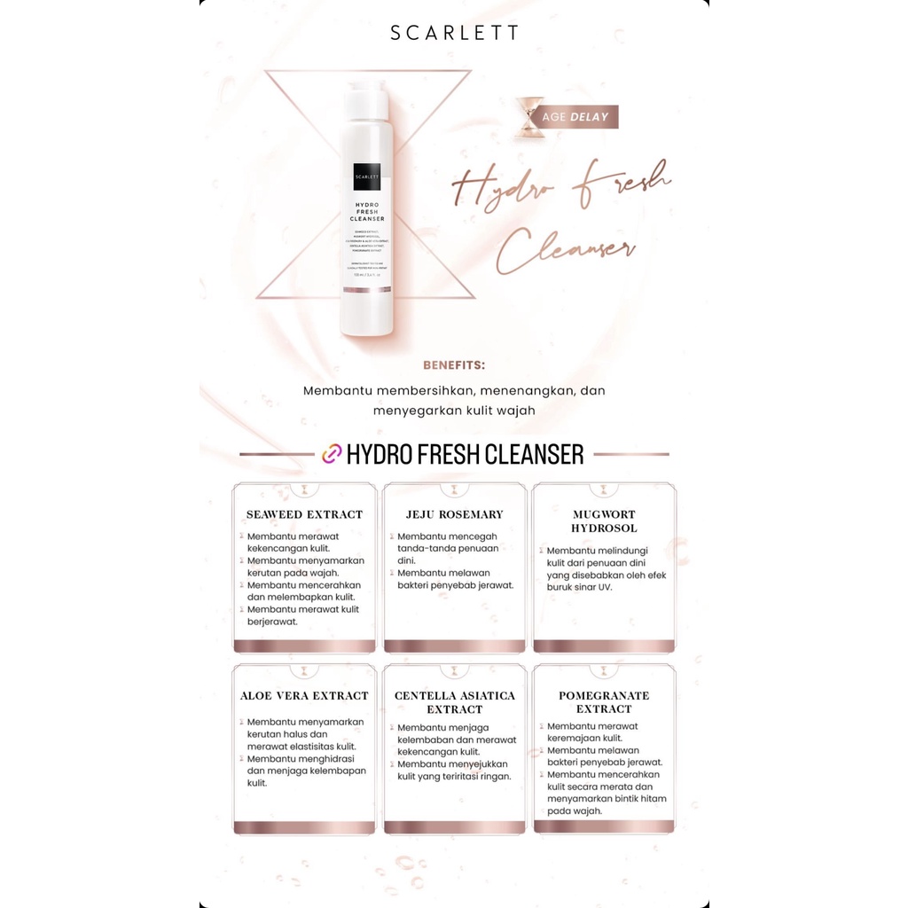 SCARLETT Whitening Hydro Fresh Cleanser Indonesia / Age Delay Series Skincare Anti Aging / Face Care Facial Wash Sabun Wajah / Essence Toner Serum Day Night Eye Cream Moisturizer Sunscreen Mask / Body Shower Scrub Lotion / Brightly Acne Package Paket Ful