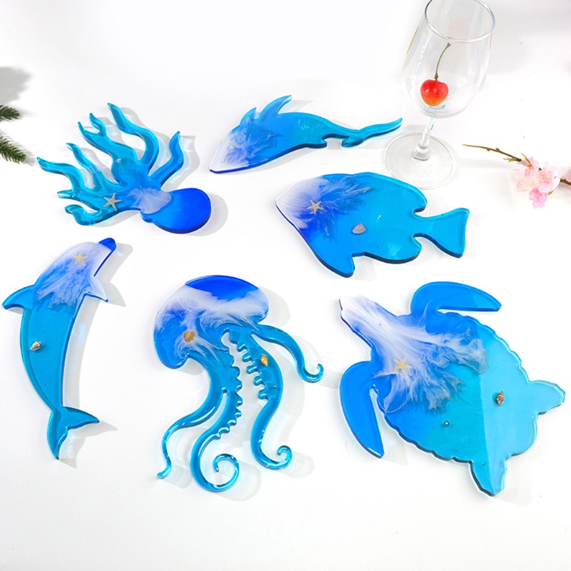 SIY  6Pcs Marine Organism Coaster Silicone Resin Molds Sea Turtle Dolphin Fish Octopus Tea Mat Ocean Coaster Molds Kit Tools