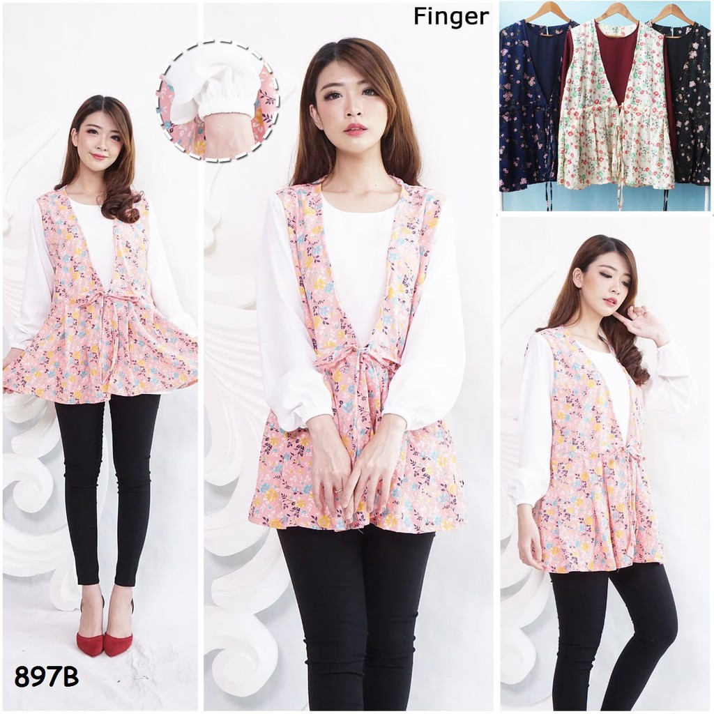 JakartaFashion - blouse atasan kerut motif bunga lengan panjang peplum adem model cardigan nyatu