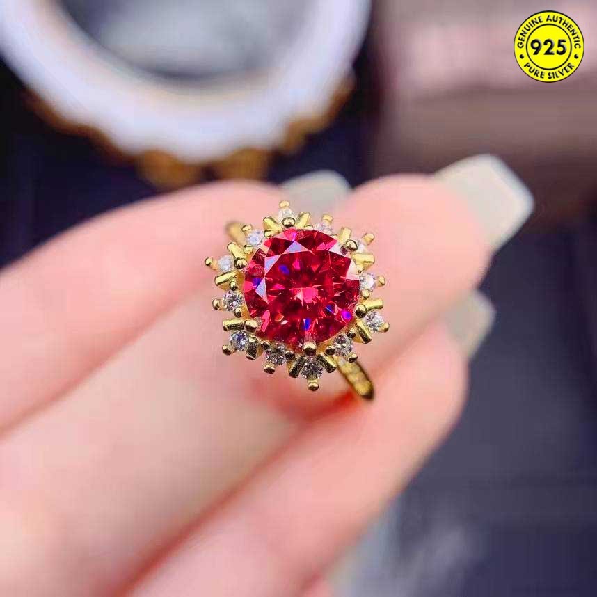 Cincin Emas Korundum Merah 5 Karat Desain Snowflake Hias Berlian Imitasi Untuk Wanita