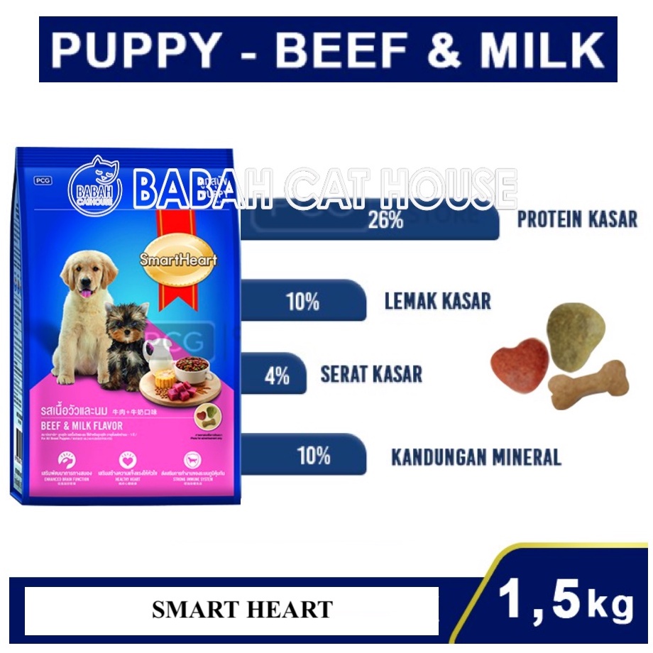 SMARTHEART PUPPY BEEF 1.5KG Dog Food Smart Heart Makanan Anak Anjing SH &amp; Milk Anakan Shih-tzu Golden Murah Khusus Untuk Pakan Dry Dogfood Indukan Kering Rc Skin Bulu Panjang Mini Medium Large Pupy Dogs Besar Kecil 1,5 Kg
