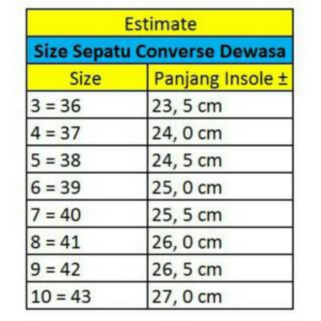 size sepatu converse
