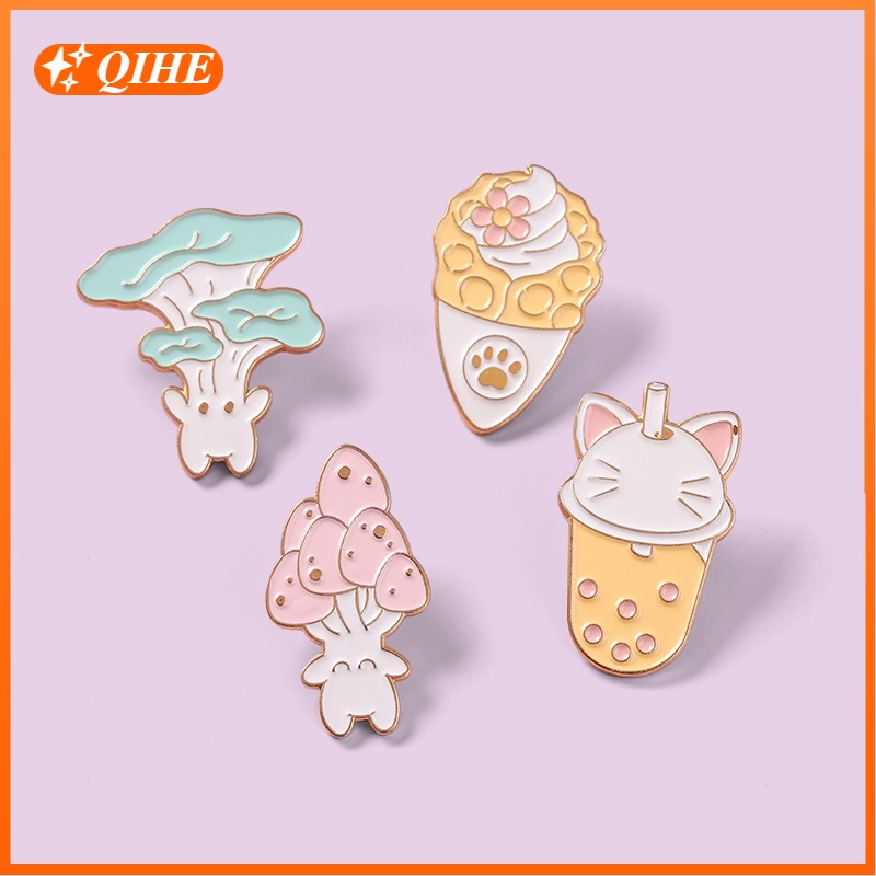 Food Enamel Pins Mushroom Ice Cream Boba Tea Cat Paw Brooches Bag Hat Lapel Pin Cartoon Badge Jewelry Gift Kids Girl