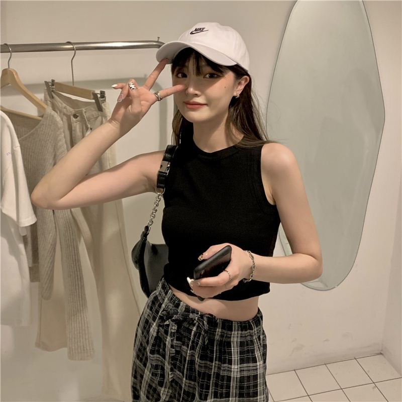 Korean Style Rompi rajut wanita kotak kotak  Pakaian Wanita Rompi wanita Crop top/V-neck tanpa lengan kasual crop top knit/outer rompi panjang wanita/Rompi rajut