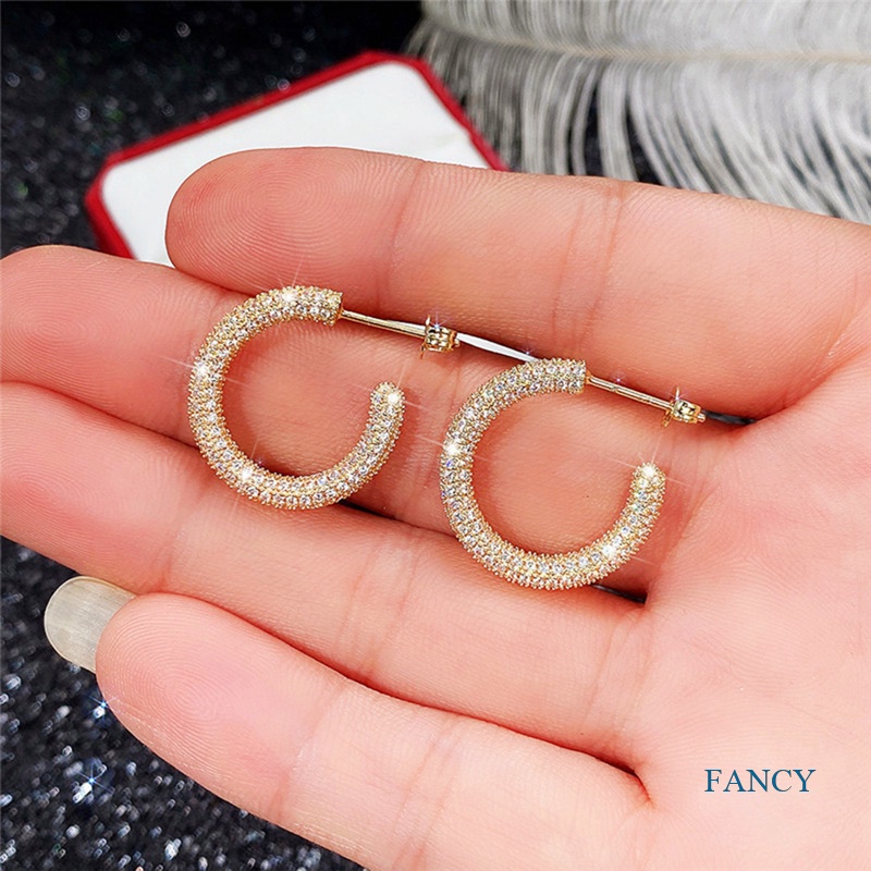 Anting Hoop Cubic Zirconia Bentuk Lingkaran Warna Emas Bling Untuk Wanita