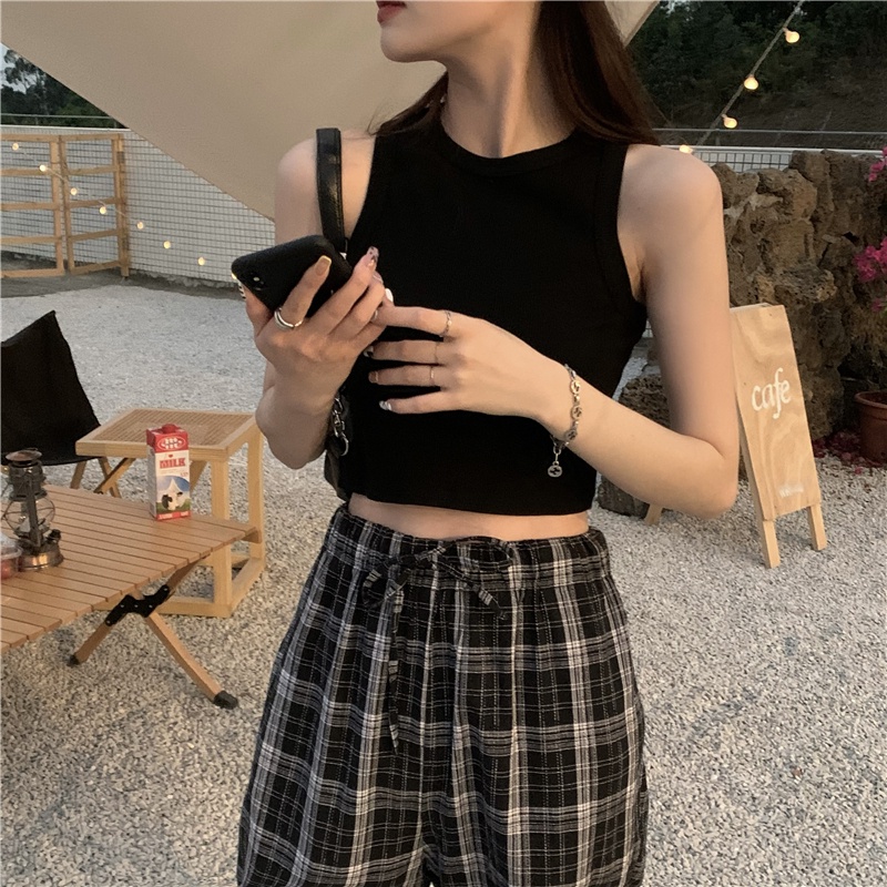 Korean Style Rompi rajut wanita kotak kotak  Pakaian Wanita Rompi wanita Crop top/V-neck tanpa lengan kasual crop top knit/outer rompi panjang wanita/Rompi rajut