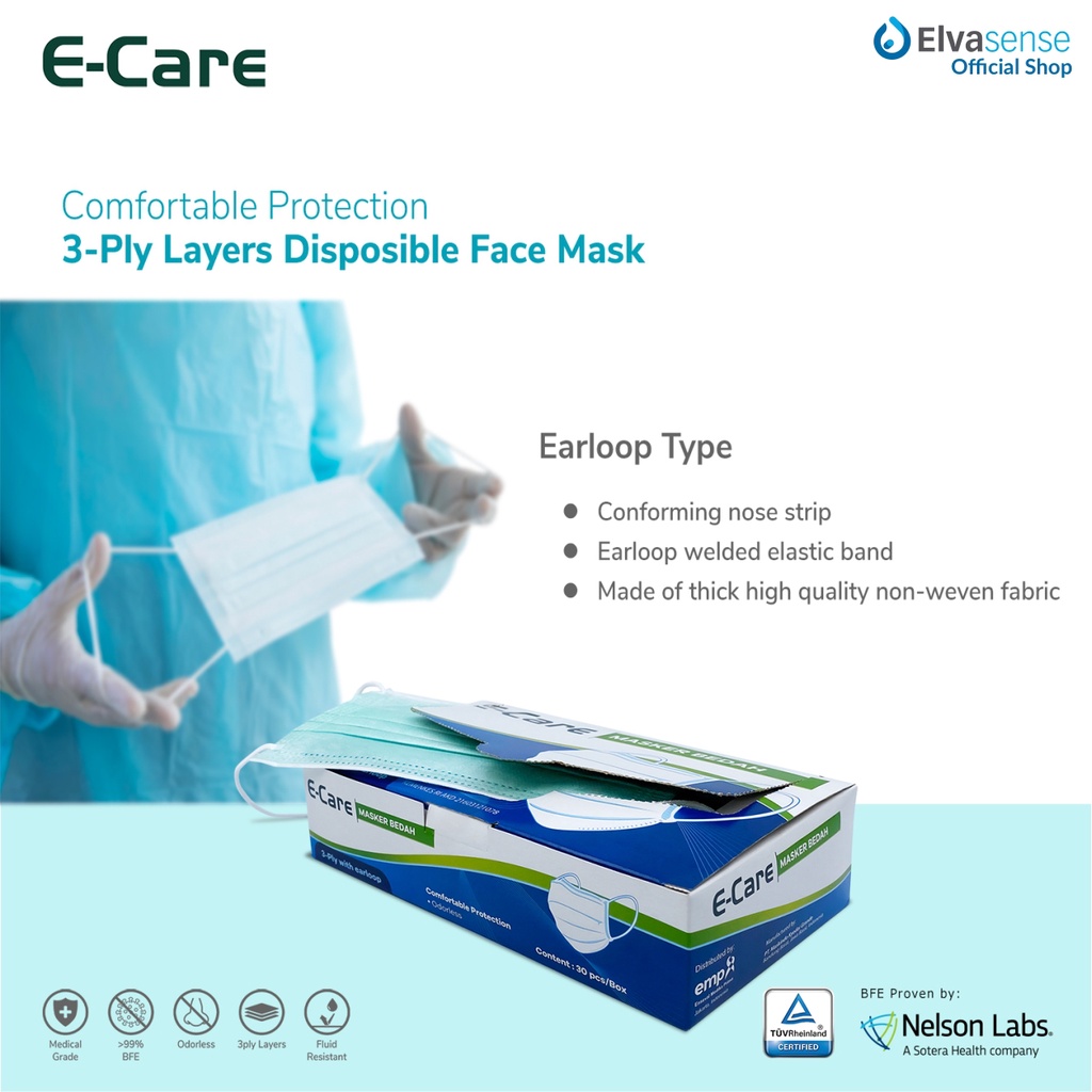 Masker Medis 3Ply (Earloop) E-Care 30pcs, BFE 99% by Nelson Labs.