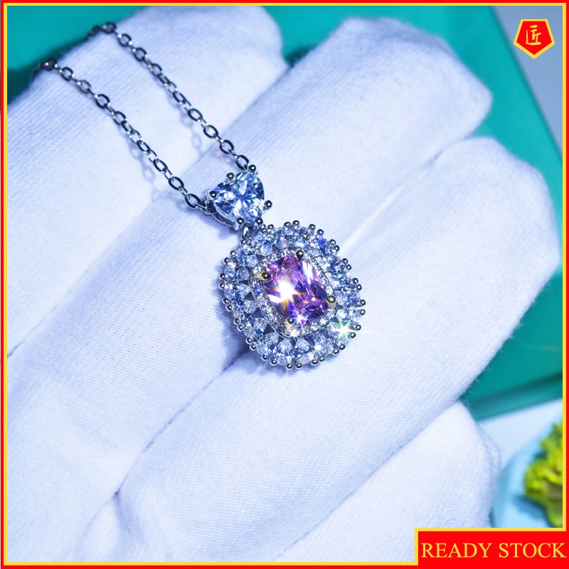 [Ready Stock]Pt950 Platinum Pink Flash Diamond Square Pendant Luxury Banquet