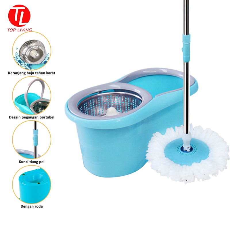 Top Living Alat Pel Lantai Mop Dengan rol Praktis Kain Pel Putar Spin Mop 6L Bucket Ultra Mop/Gagang