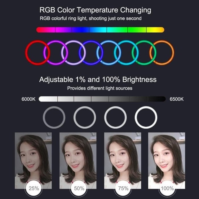 RINGLIGHT RGB RAINBOW 26CM +Tripod 2.1 M MAKEUP VLOG TIKTOK