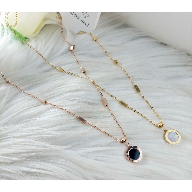 FF Kalung titanium Wanita Korean Style Anti karat Bolak Balik Hitam Putih Bulat batang Angka Romawi JX013