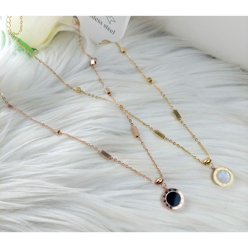 FF Kalung titanium Wanita Korean Style Anti karat Bolak Balik Hitam Putih Bulat batang Angka Romawi JX013