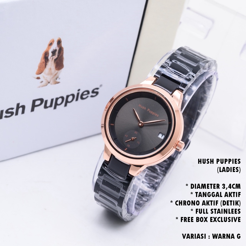 (FREE BOX) JAM TANGAN WANITA HUSH PUPPIES RANTAI BODY BULAT TANGGAL &amp; CHRONO AKTIF