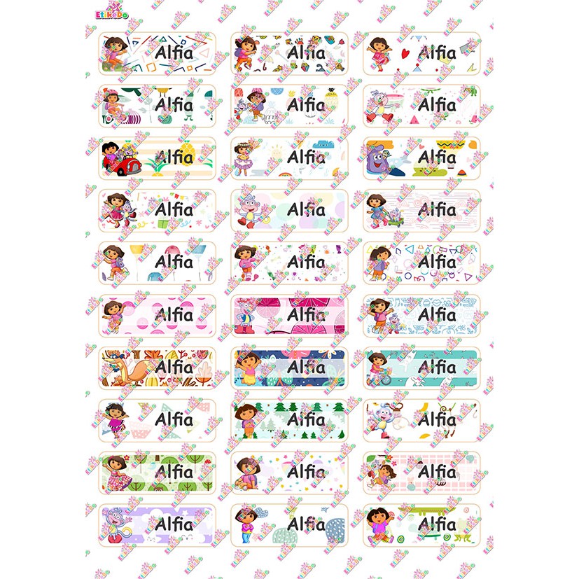 

LABEL NAMA DORA THE EXPLORER 120 STIKER - WATERPROOF - 4 Nama DE1S4