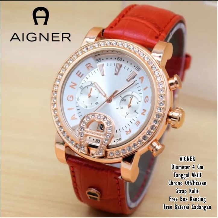 Original (COD) Jam Tangan Fashion Wanita/Cewek Body Bulat Aigner Bari Diamond Kulit Tanggal Aktif 7