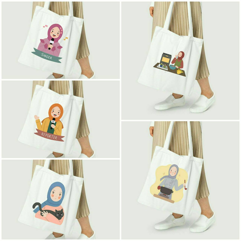 TOTE BAG KANVAS / TOTE BAG WANITA / TOTE BAG HIJAB ILUSTRASI