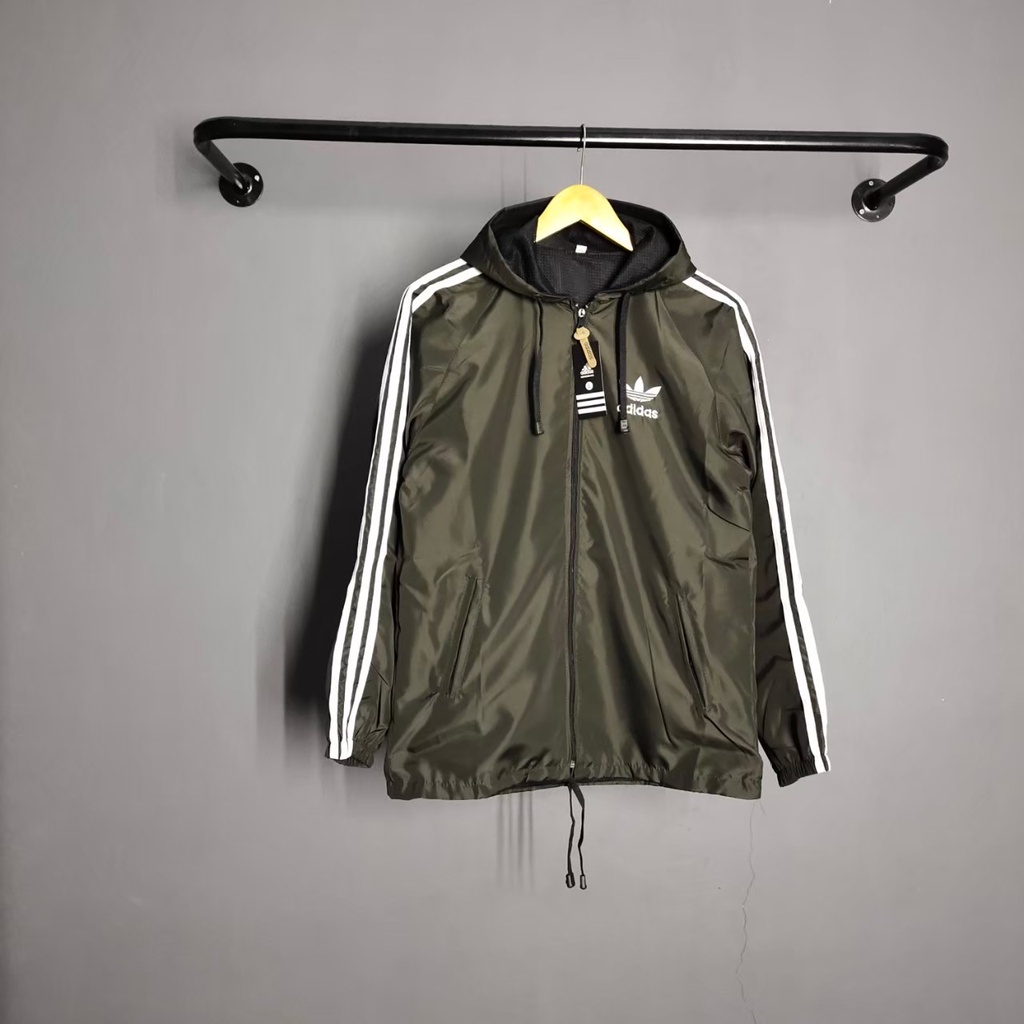 Bayar Di Tempat Jaket Pria Adidas Parasut Strip Putih Premium Quality Distro