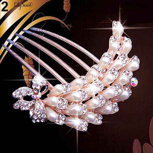 Wedding Bridal Rhinestone Faux Pearls Hairpin Flower Peacock Comb