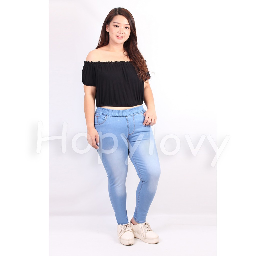 HOPYLOVY - Celana Jeans Pinggang Karet / Legging Jeans Wanita Size Besar / Jegging Jumbo