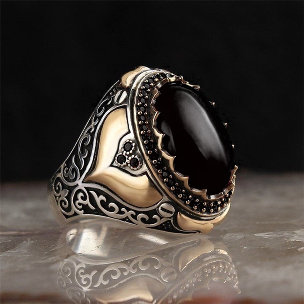 Cincin Jari Baja Titanium Emas Akik Hitam Antik Perak Perhiasan Fashion Pria Punk Berlian Batu Permata Rings