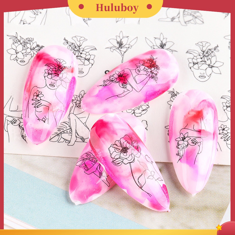 Huluboy Huluboy♡ 16 Lembar Stiker Kuku Motif Garis / Wajah Untuk Dekorasi Manicure