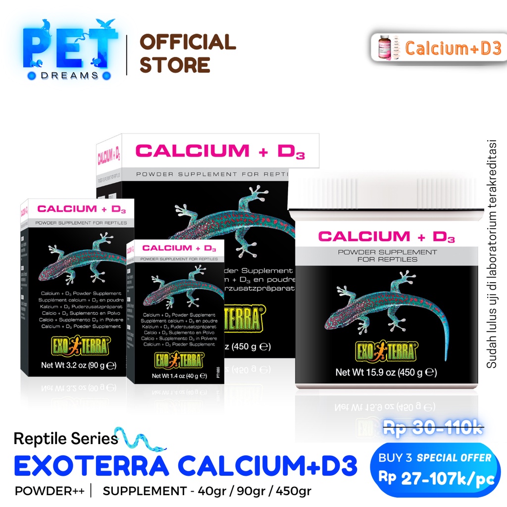 PROMO EXOTERRA CALCIUM+D3 KALSIUM VITAMIN POWDER SUPLEMEN BUBUK REPTIL TORTO IGUANNA SULCATA