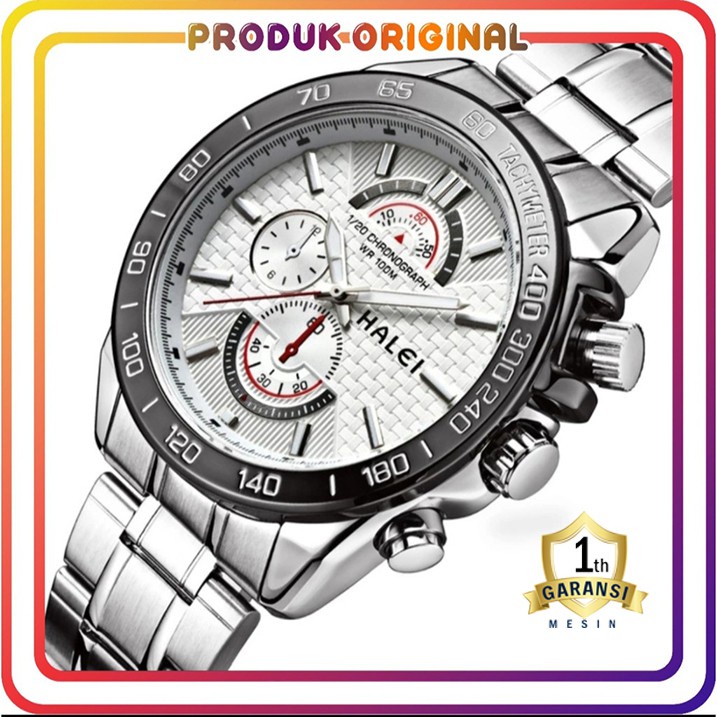 COD (COD) JAM TANGAN PRIA HALEI ORIGINAL 3050 RANTAI SPORT SILVER STAINLESS STEEL WATER RESISTANT
