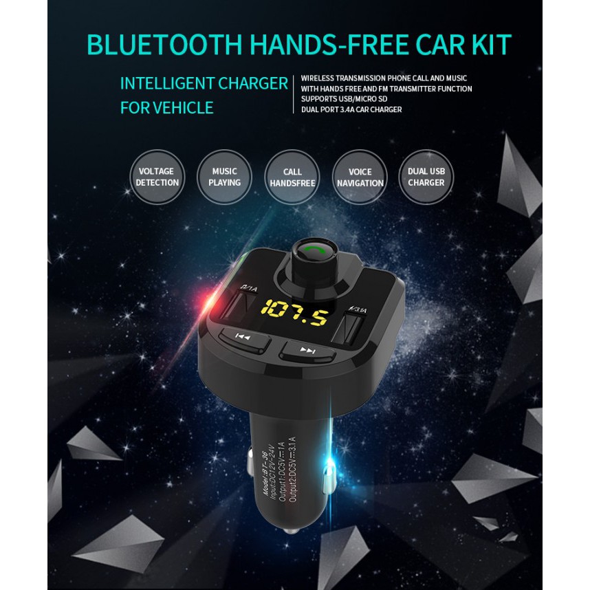 BT36 Bluetooth Handsfree Car Kit with FM Transmitter 3.1A 2 USB Port Charger Music Play