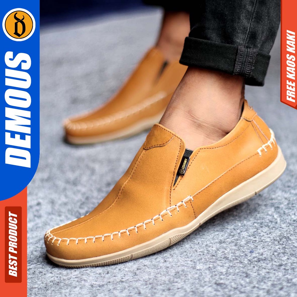 DEMOUS DIVOC Sepatu Casual Slip On Pria Kulit Asli Sepatu Kerja Santai Hitam Slop Murah Kekinian