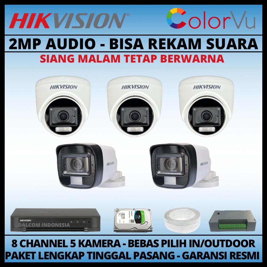 PAKET CCTV HIKVISION COLORVU 2MP 8 CHANNEL 5 KAMERA COLORFUL