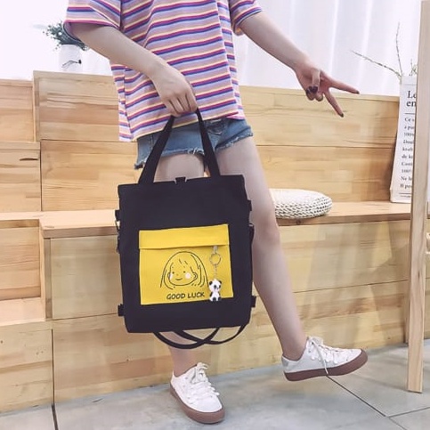 Twenty Bag - Tas Tote Bag Wanita Resleting Terbaru 2022 Aesthetic Kekinian Motif Carakter GOOD LUCK Korea Style Multifungsi Bisa DI Ransel