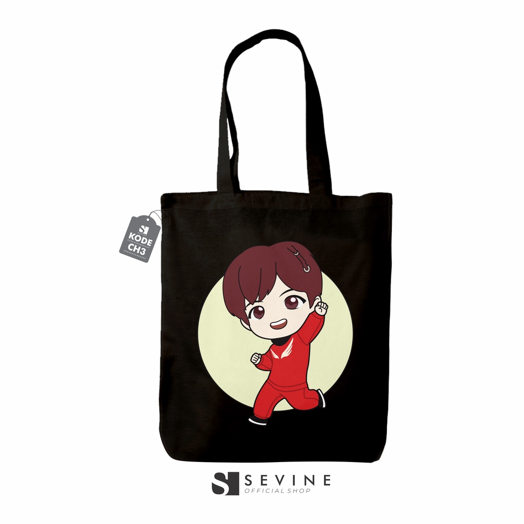 Sevine Totebag Tas Wanita Tote bag Resleting Cetak DTF Black Series Korean Style - CH3