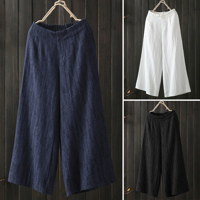 ZANZEA Wide Leg Solid Color Loose Elastic Waist Casual Pants