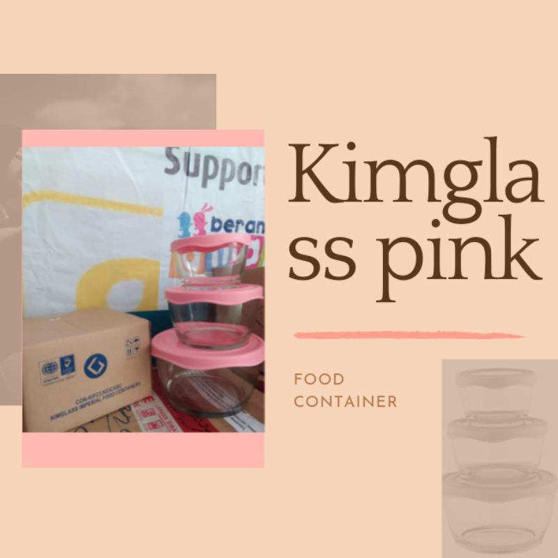 wadah mangkok kaca Kimglass Imperial Food container set of 3 pcs pink