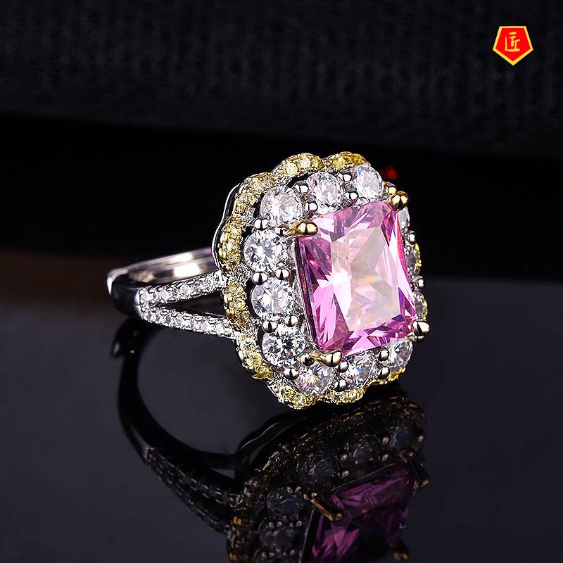 Cincin Kristal Berlian Bentuk Kotak Warna Pink