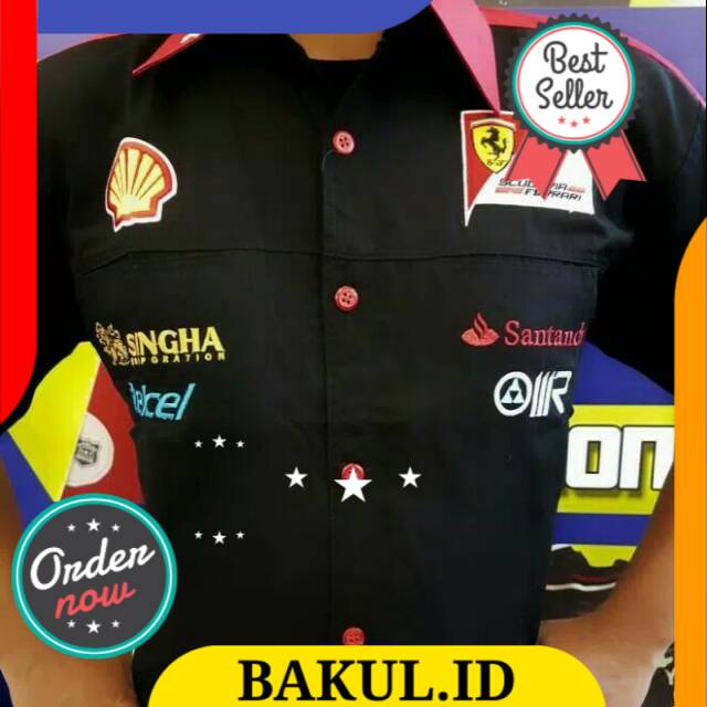Baju seragam otomotif Ferarri, baju komunikasi Ferrari, baju komunikasi F1, kemeja bordir F1
