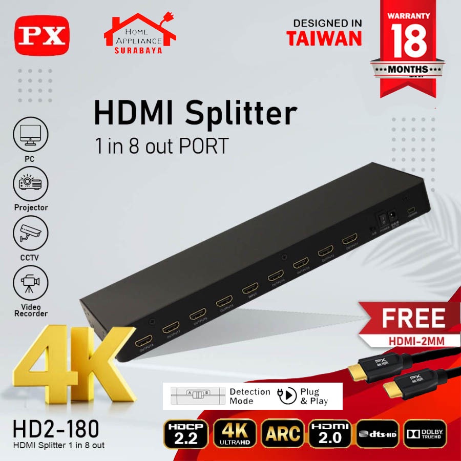 HDMI Splitter 1 input 8 output Video HD 4K HDR 2.0 PX HD2-180