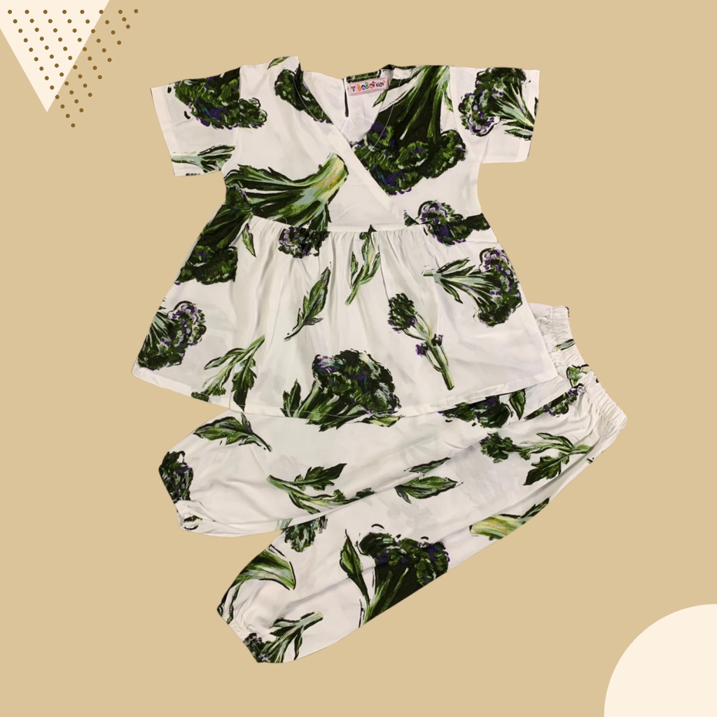 2-6 TH SETELAN ANAK PEREMPUAN KIMMY ONE SET ANAK RAYON  by BOBO KIDS-White green leaf