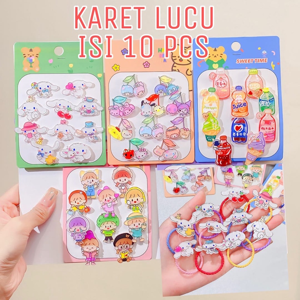 KARET RAMBUT LUCU ISI 10 PCS KAWAII ALA JEPANG KOREA SANRIO PERNAK PERNIK KUNCIRAN ANAK CEWEK IMPOR