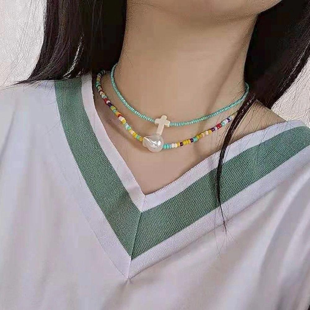 Kalung Rantai Klavikula Model Lapis Ganda Aksen Mutiara Untuk Wanita