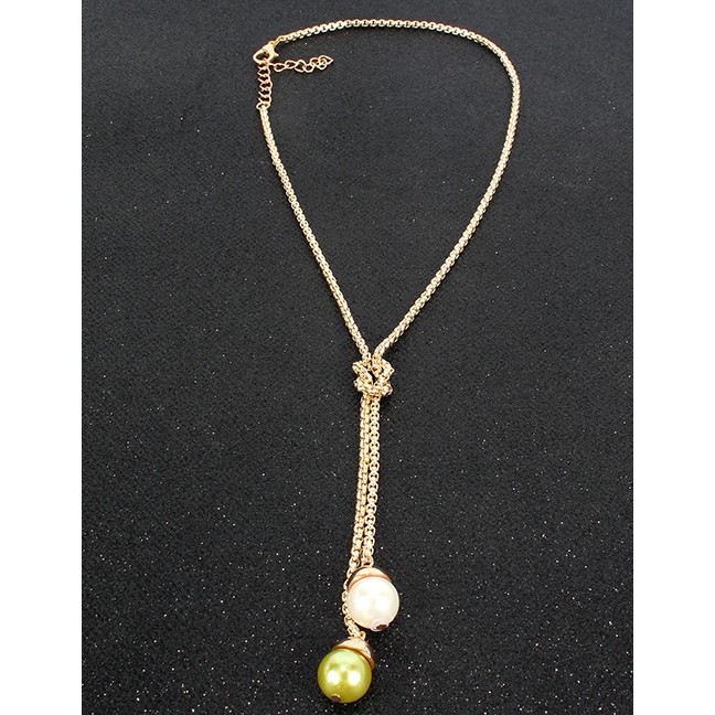 LRC Kalung Fashion Gold Imitation Pearl Double Knotted Necklace F71748