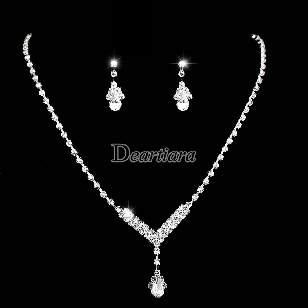 2Pcs / Set Perhiasan Kalung Rantai Silver Hias Berlian Imitasi untuk Pengantin Wanita