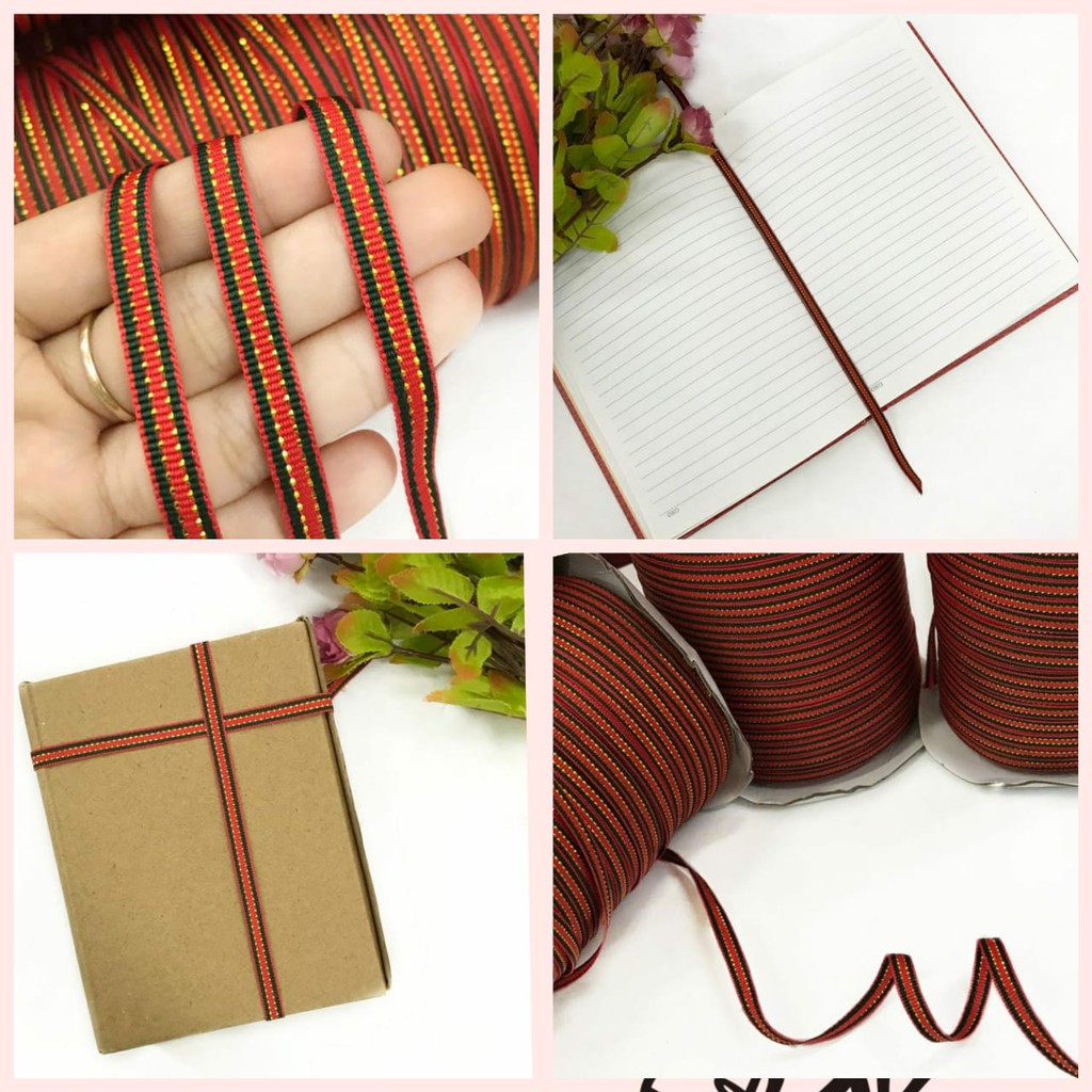 1 YARD - PITA NATAL | PITA KADO | PITA HAMPERS | PITA MERAH DOT EMAS LIS HIJAU (0,6 CM)