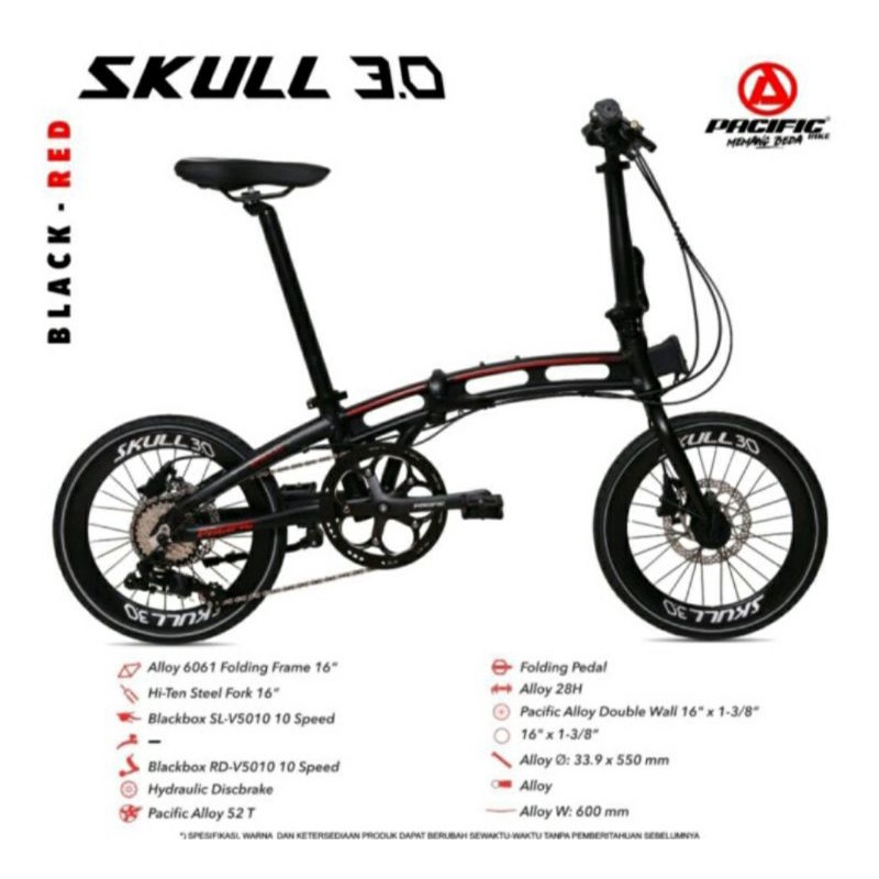 Sepeda Lipat 16 inch Pacific Skull 3.0 10 Speed Alloy Hidrolik Double Disc