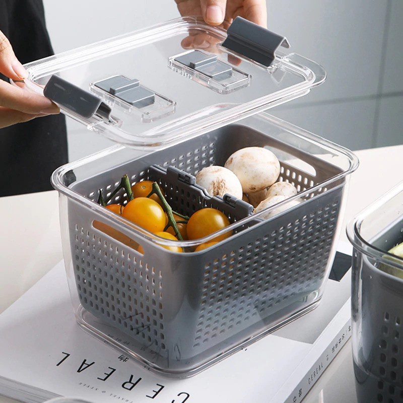 GS8 Kotak Kontainer Makanan Kulkas Drainer Kitchen Storage Food Box 1.7L with Lid RFS49 Gray