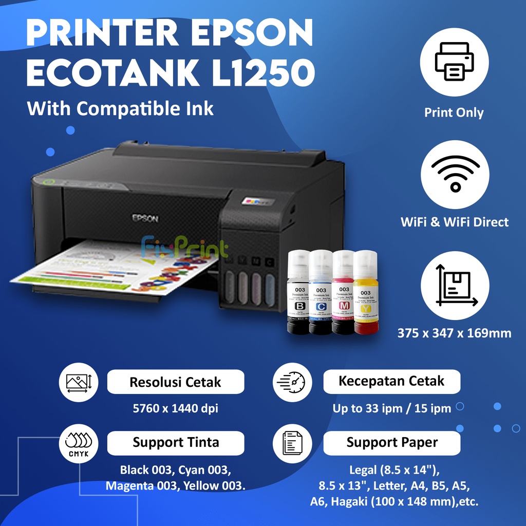 Epsn EcoTank L1250 Printer Single Function Wireless Print A4 WiFi