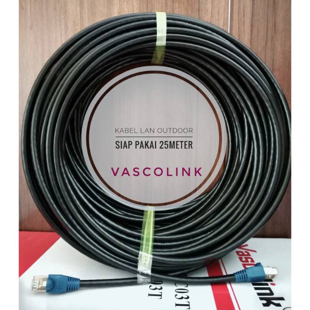 Vascolink Kabel Lan Outdoor 25 Meter Ftp Cat6 Siap Pakai sudah dicrimping rj45 besi dan plugbooth Kulit Kabel Tebal Warna Hitam